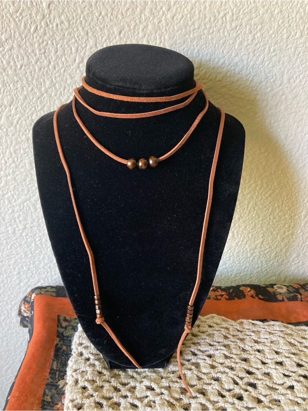 Suede Wrap Necklace with Wood Beads